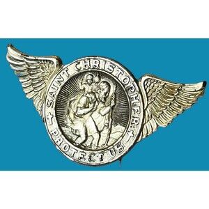 Vintage St. Christopher Protect Us Wings Hat Visor Lapel Pin 3” Wide X 1.8” Tall